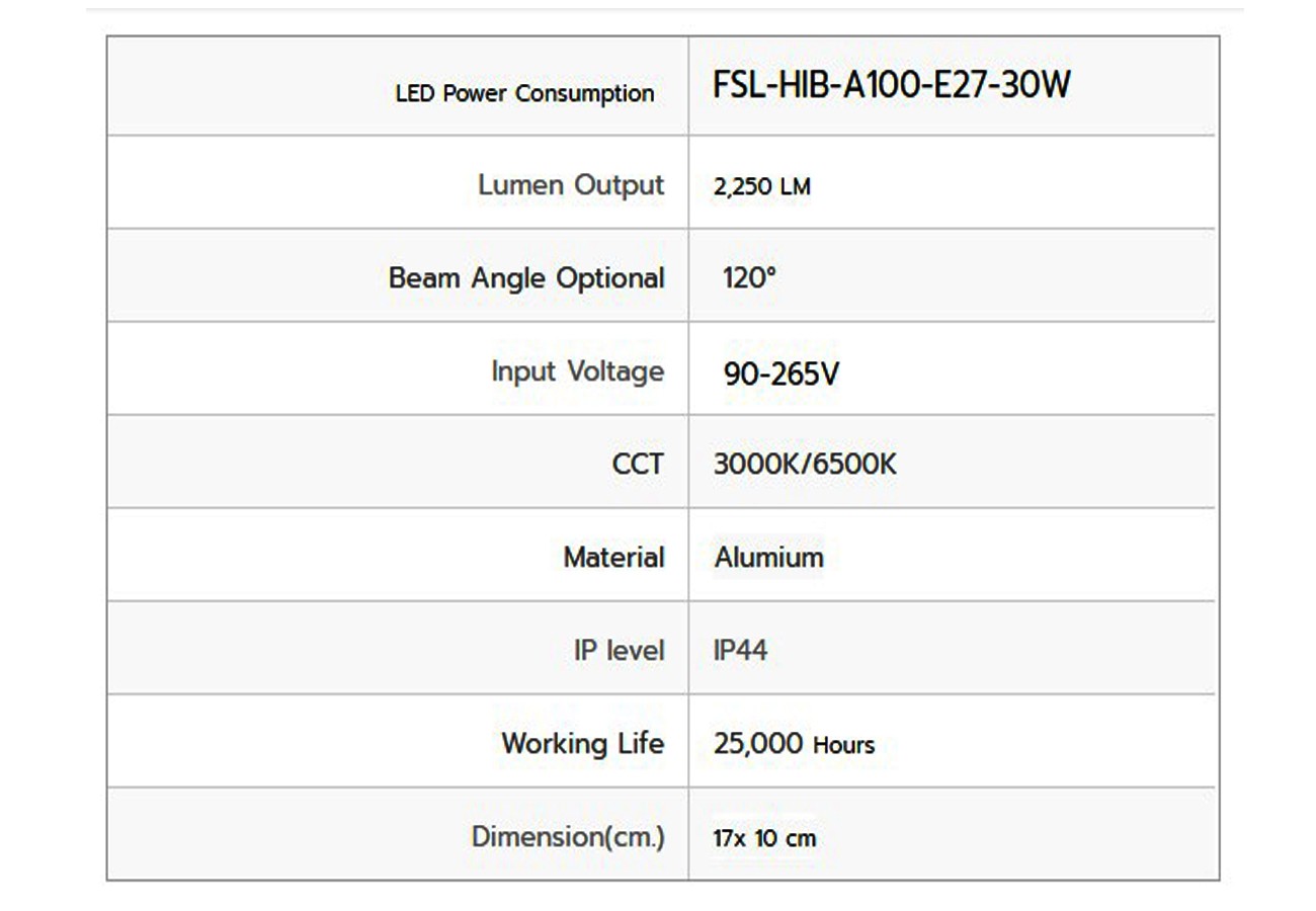 รายละเอียดหลอดไฟไฮเบย์ LED FSL 30W (เดย์ไลท์)